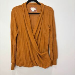 Maeve Anthropologie Rafela Hacci Surplice Top Sweater Faux Wrap Knit M Yellow